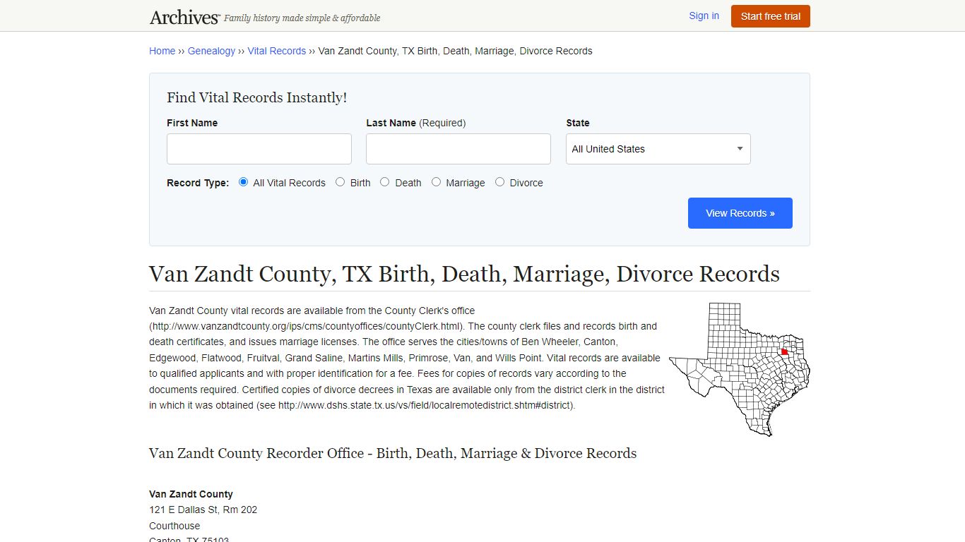 Van Zandt County, TX Birth, Death, Marriage, Divorce Records